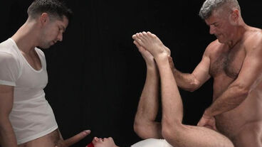 Cute bound twink Dex Devall fucked raw by 2 DILFs