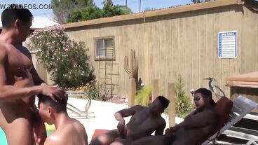 Athletic Asian teen ass drilled in kinky outdoor foursome