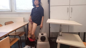 Cum at school, this horny student twink wanks his smooth cock and squirts jizz riskyly at school in a classroom
